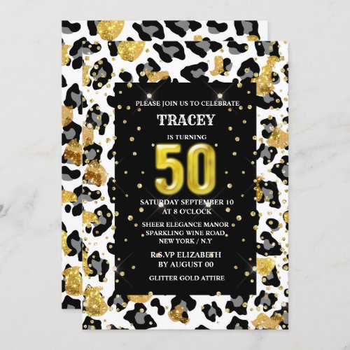 Animal print black gold glitter fur pattern invitation