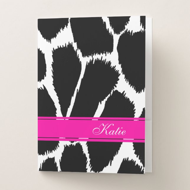 Animal print black & white pink name pocket folder (Front)