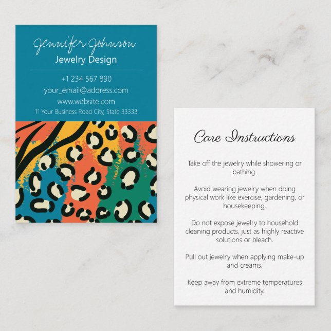 Animal Print Blue Colorful Jewelry Care Cards (Front/Back)