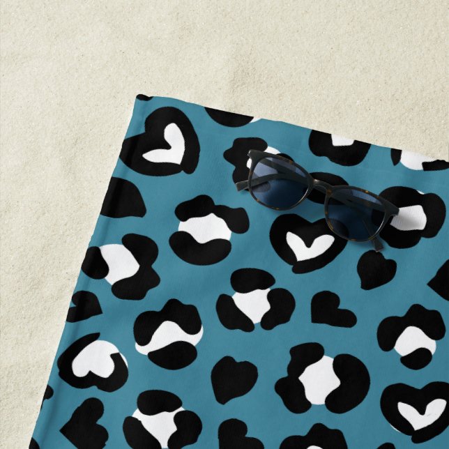 Animal Print, Blue Leopard, Cheetah Spots, Hearts Beach Towel (In Situ)