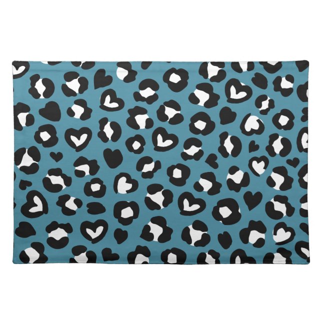 Animal Print, Blue Leopard, Cheetah Spots, Hearts Cloth Placemat (Front)
