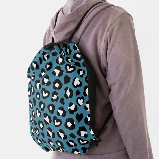 Animal Print, Blue Leopard, Cheetah Spots, Hearts Drawstring Bag (Insitu)