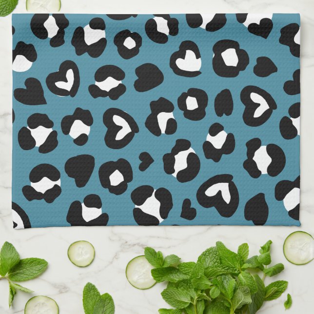 Animal Print, Blue Leopard, Cheetah Spots, Hearts Kitchen Towel (Folded)