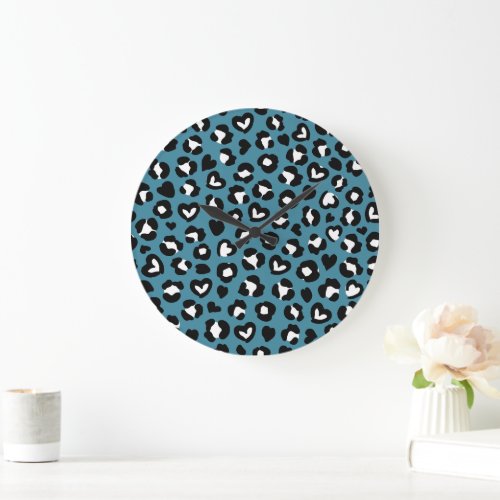 Animal Print Blue Leopard Cheetah Spots Hearts Large Clock