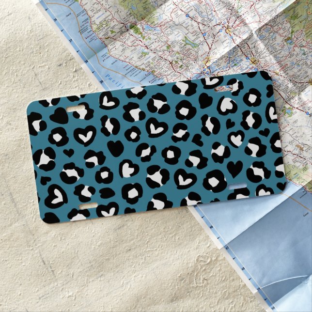 Animal Print, Blue Leopard, Cheetah Spots, Hearts License Plate (In Situ)