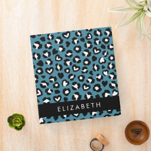 Animal Print, Blue Leopard, Hearts, Your Name 3 Ring Binder