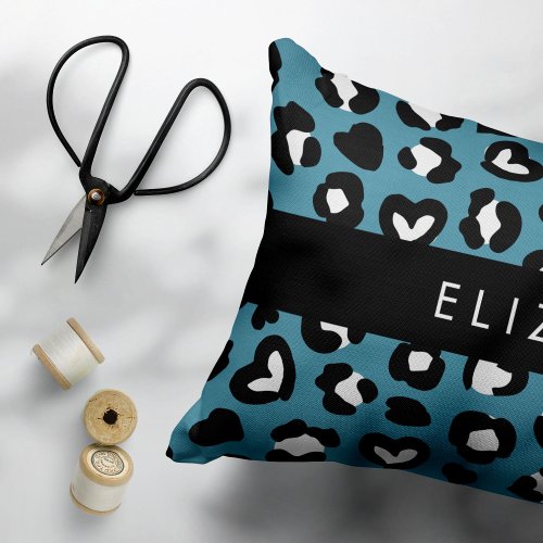 Animal Print Blue Leopard Hearts Your Name Accent Pillow