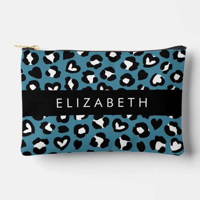 Animal Print, Blue Leopard, Hearts, Your Name Accessory Pouch (Front)