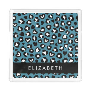 Animal Print, Blue Leopard, Hearts, Your Name Acrylic Tray