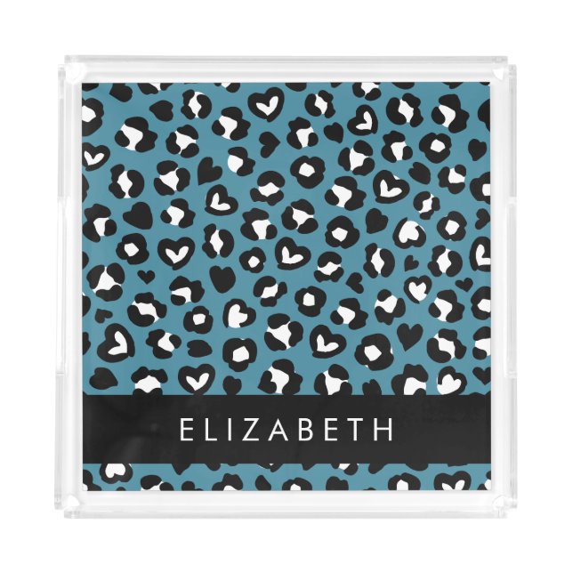 Animal Print, Blue Leopard, Hearts, Your Name Acrylic Tray (Front)