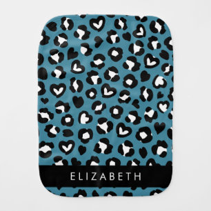 Animal Print, Blue Leopard, Hearts, Your Name Baby Burp Cloth