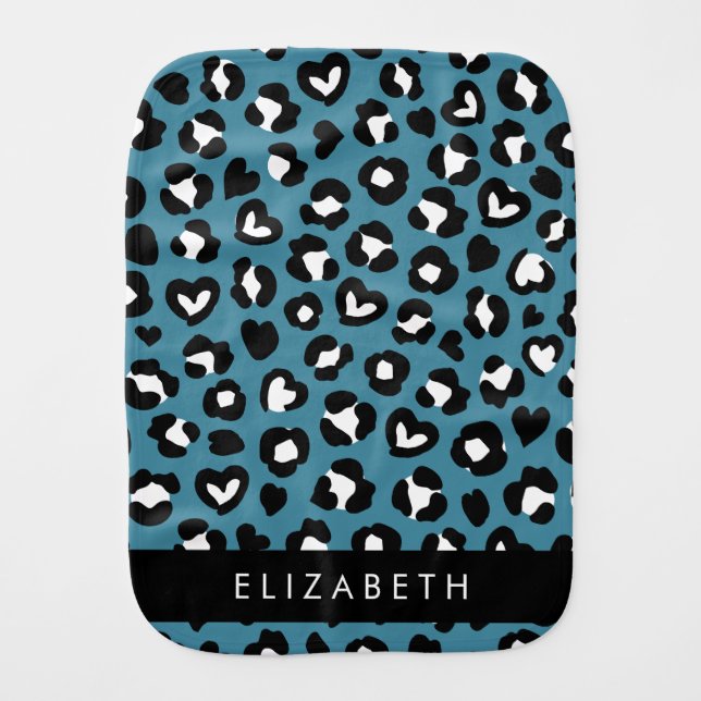Animal Print, Blue Leopard, Hearts, Your Name Baby Burp Cloth (Front)