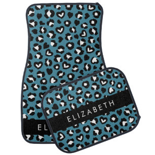Animal Print, Blue Leopard, Hearts, Your Name Car Floor Mat
