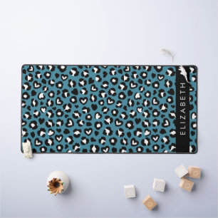 Animal Print, Blue Leopard, Hearts, Your Name Desk Mat