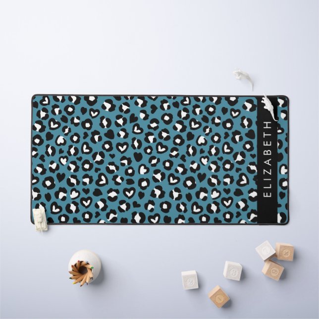 Animal Print, Blue Leopard, Hearts, Your Name Desk Mat (Kids Table)