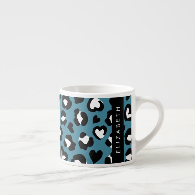 Animal Print, Blue Leopard, Hearts, Your Name Espresso Cup (Right)