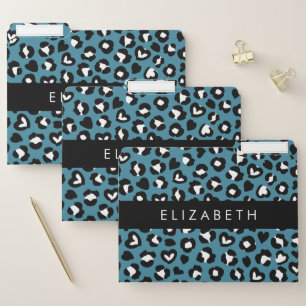 Animal Print, Blue Leopard, Hearts, Your Name File Folder