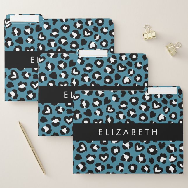 Animal Print, Blue Leopard, Hearts, Your Name File Folder (Set)