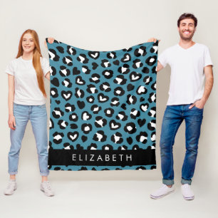 Animal Print, Blue Leopard, Hearts, Your Name Fleece Blanket
