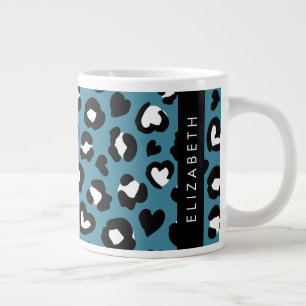 Animal Print, Blue Leopard, Hearts, Your Name Giant Coffee Mug