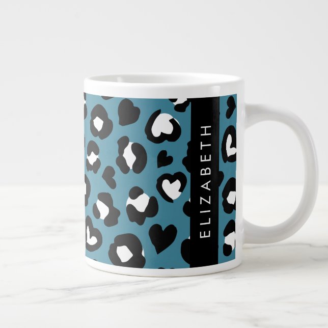 Animal Print, Blue Leopard, Hearts, Your Name Giant Coffee Mug (Right)