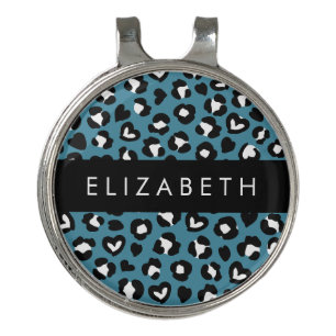 Animal Print, Blue Leopard, Hearts, Your Name Golf Hat Clip