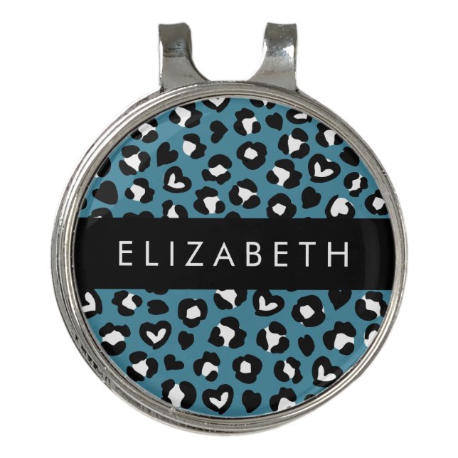 Animal Print, Blue Leopard, Hearts, Your Name Golf Hat Clip (Front)
