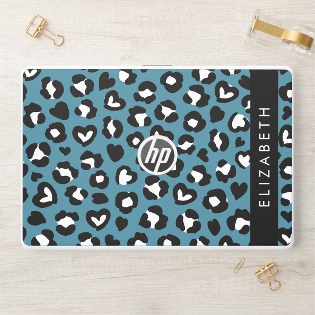 Animal Print, Blue Leopard, Hearts, Your Name HP Laptop Skin (Desk)