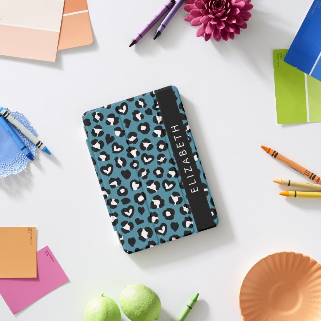 Animal Print, Blue Leopard, Hearts, Your Name iPad Mini Cover (In Situ)
