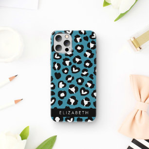 Animal Print, Blue Leopard, Hearts, Your Name iPhone 16 Case