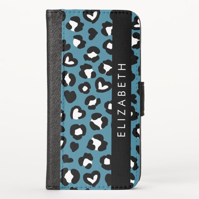 Animal Print, Blue Leopard, Hearts, Your Name iPhone Wallet Case (Front)