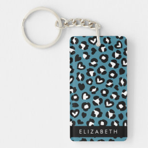 Animal Print, Blue Leopard, Hearts, Your Name Keychain