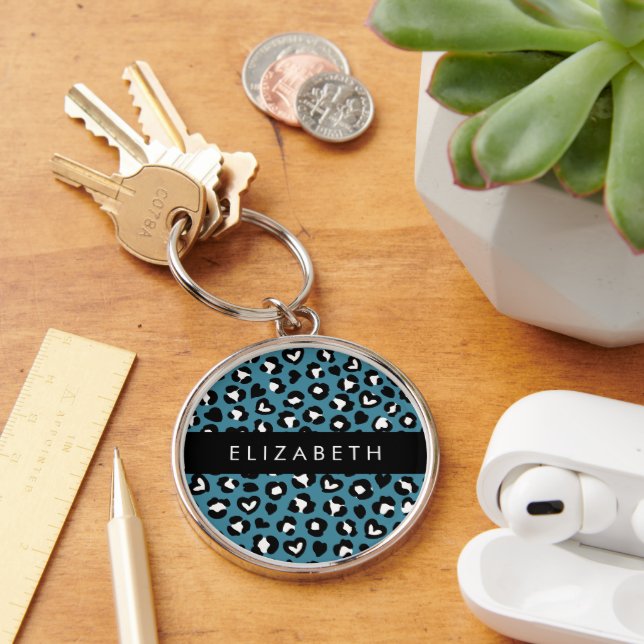 Animal Print, Blue Leopard, Hearts, Your Name Keychain (Desk)
