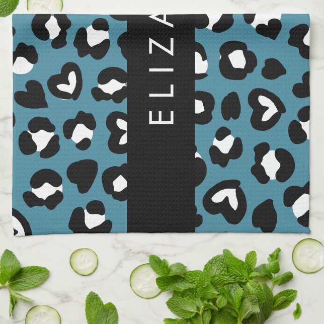 Animal Print, Blue Leopard, Hearts, Your Name Kitchen Towel (Folded)