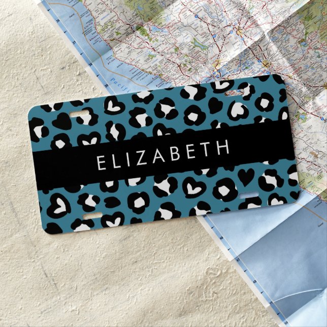 Animal Print, Blue Leopard, Hearts, Your Name License Plate (In Situ)
