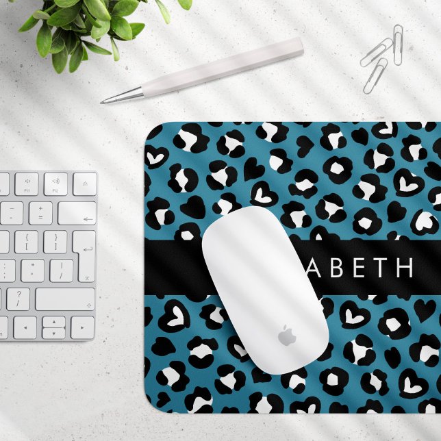 Animal Print, Blue Leopard, Hearts, Your Name Mouse Pad (Creator Uploaded)