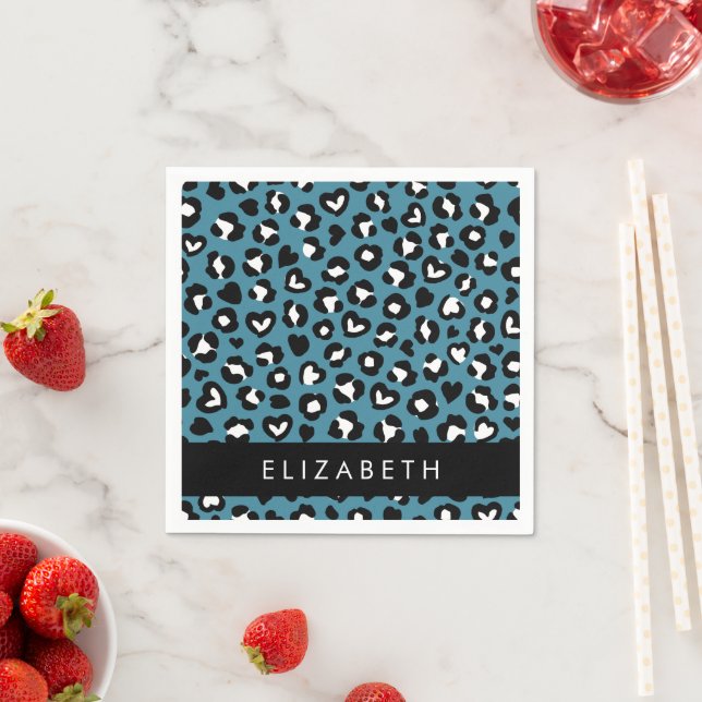Animal Print, Blue Leopard, Hearts, Your Name Napkins (Insitu)