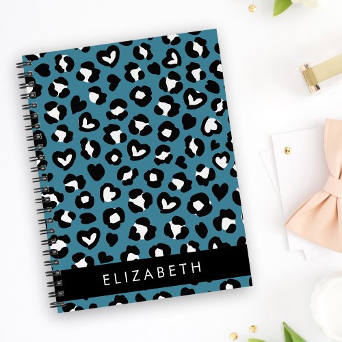 Animal Print Blue Leopard Hearts Your Name Notebook