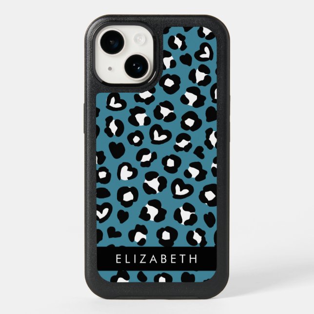 Animal Print, Blue Leopard, Hearts, Your Name Otterbox iPhone Case (Back)