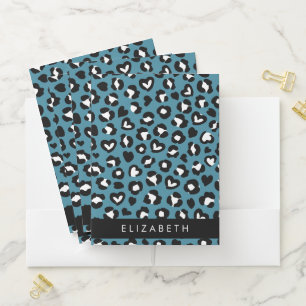 Animal Print, Blue Leopard, Hearts, Your Name Pocket Folder