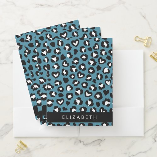 Animal Print Blue Leopard Hearts Your Name Pocket Folder