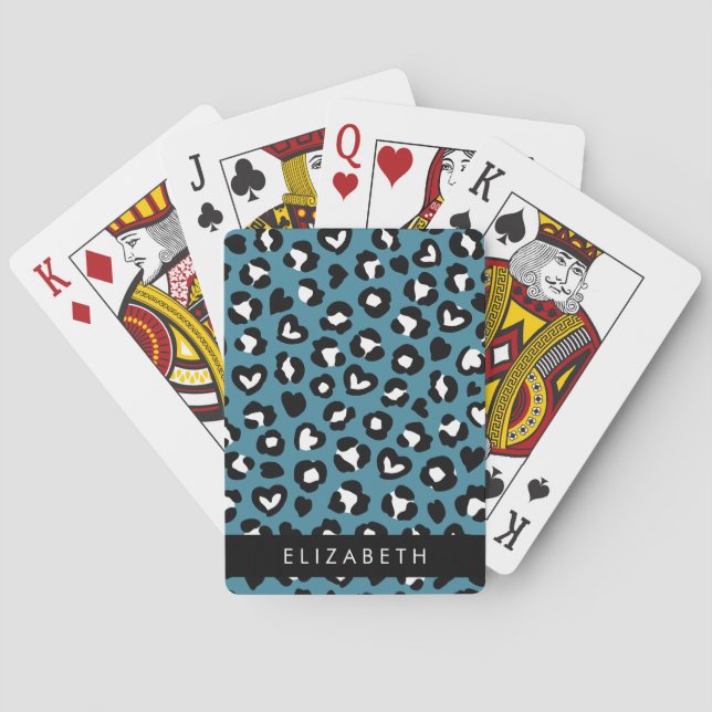 Animal Print, Blue Leopard, Hearts, Your Name Poker Cards (Back)