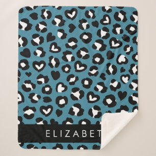 Animal Print, Blue Leopard, Hearts, Your Name Sherpa Blanket