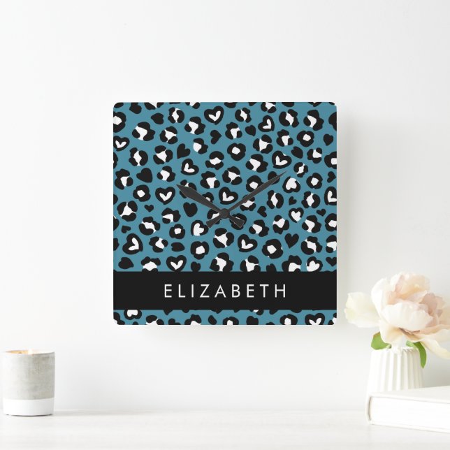 Animal Print, Blue Leopard, Hearts, Your Name Square Wall Clock (Home)
