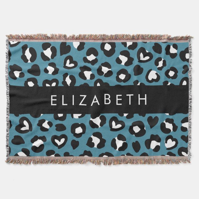 Animal Print, Blue Leopard, Hearts, Your Name Throw Blanket (Front)