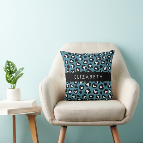 Animal Print Blue Leopard Hearts Your Name Throw Pillow