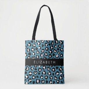 Animal Print, Blue Leopard, Hearts, Your Name Tote Bag