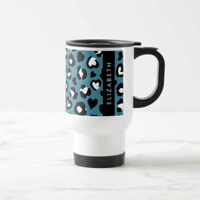 Animal Print, Blue Leopard, Hearts, Your Name Travel Mug (Right)