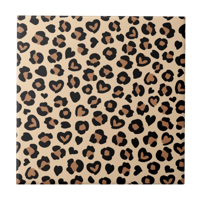 Animal Print, Brown Leopard, Cheetah Spots, Hearts Ceramic Tile (Front)