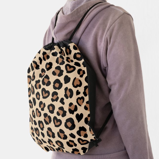 Animal Print, Brown Leopard, Cheetah Spots, Hearts Drawstring Bag (Insitu)